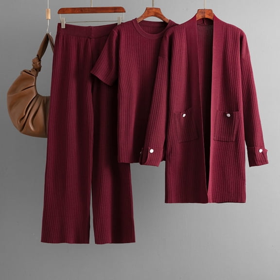 YueHuiYing Women's Casual Elastic Waist Pants Trousers Round Neck Short Sleeve Tops Long Sleeves Pocket Cardigan Sweater Coat Blouse Three Piece Set Knitted Suit