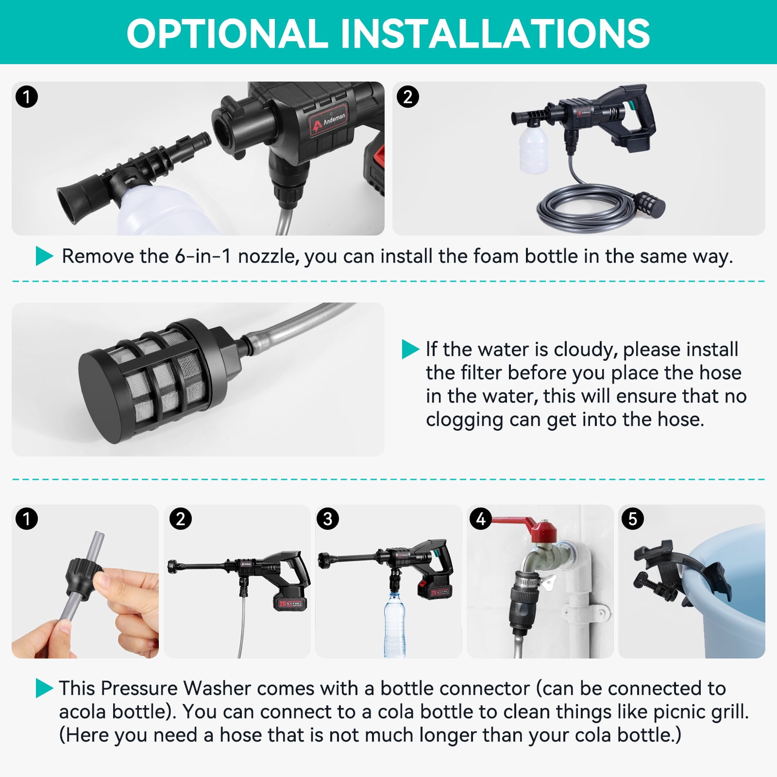 Audew (Andeman) 600PSI Cordless Pressure Washer - 6-in-1 Multipurpose Cleaner with 2x1.5Ah Batteries