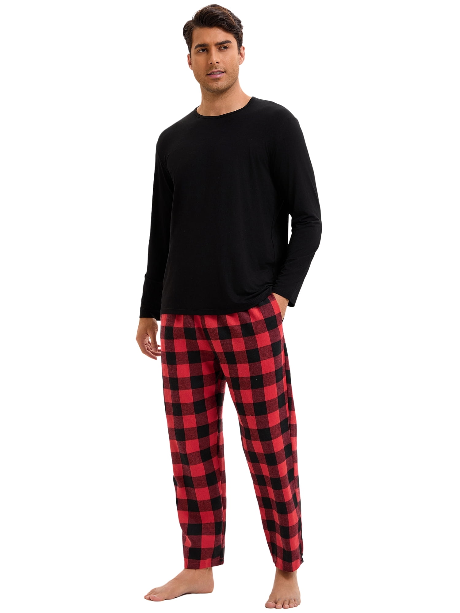 DARING DIVA Men's 2-Piece Long Sleeve Solid Nightwear Plaid Pants Set XL Black Red