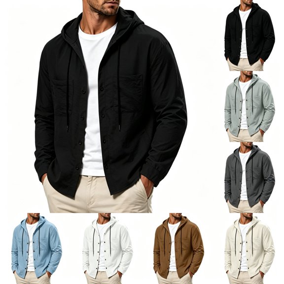 Nmnitkp Men's Lightweight Hooded Button Down Shirt Jacket Long Sleeve Dual Chest Pockets Casual Fashion Shacket Fall Spring Layering Top for Daily Outdoor Vacation Commute Wear Black,S