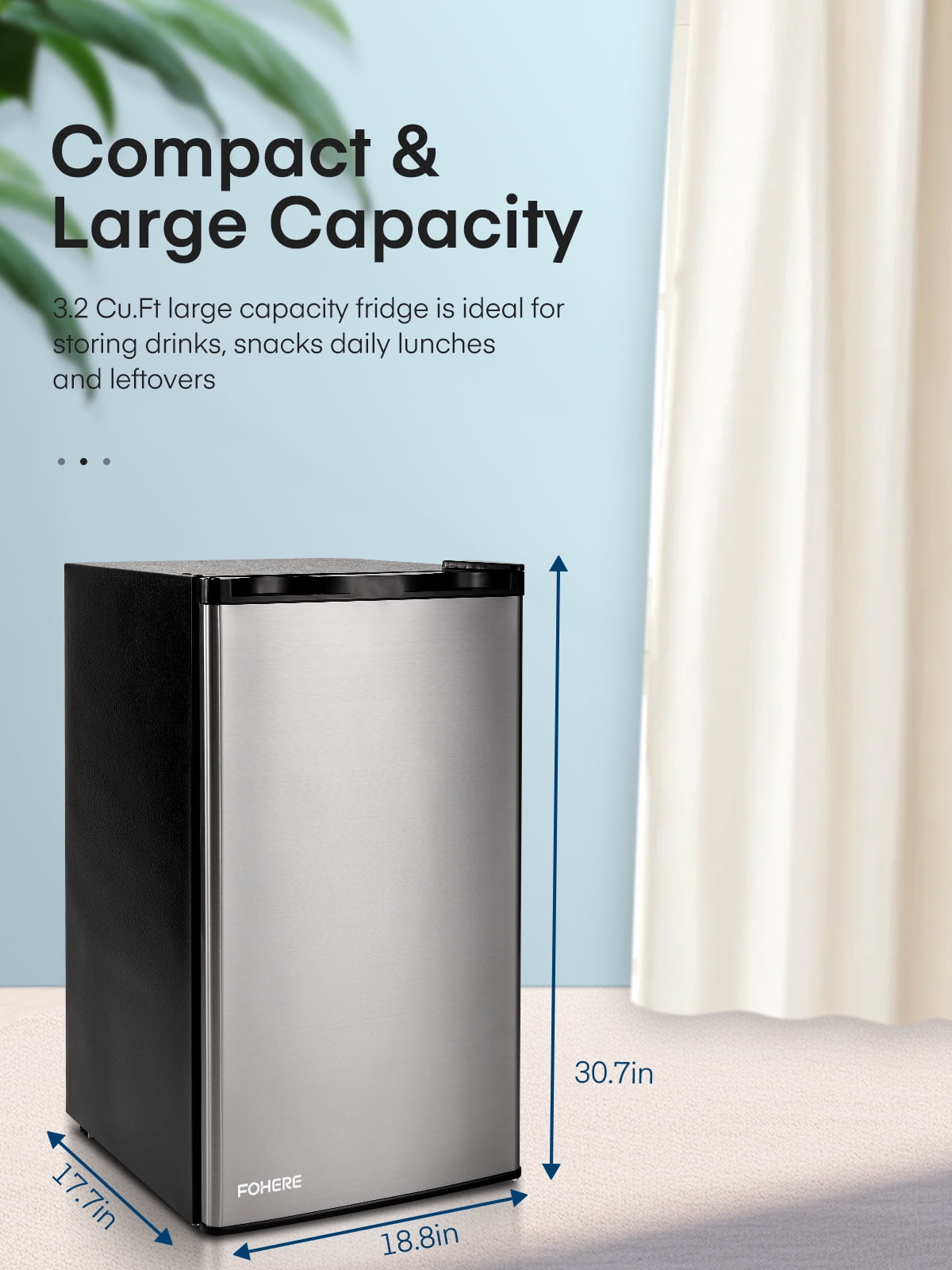 3.2 Cu.ft Mini Refrigerator with 7 Temp Control, FOHERE Compact Fridge with Freezer, Low Noise, Stainless Steel