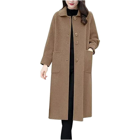 HTNBO Women's Trench Coats, Long Retro Single Breasted Winter Outwear Classic Lapel Overcoat Solid Outerwear