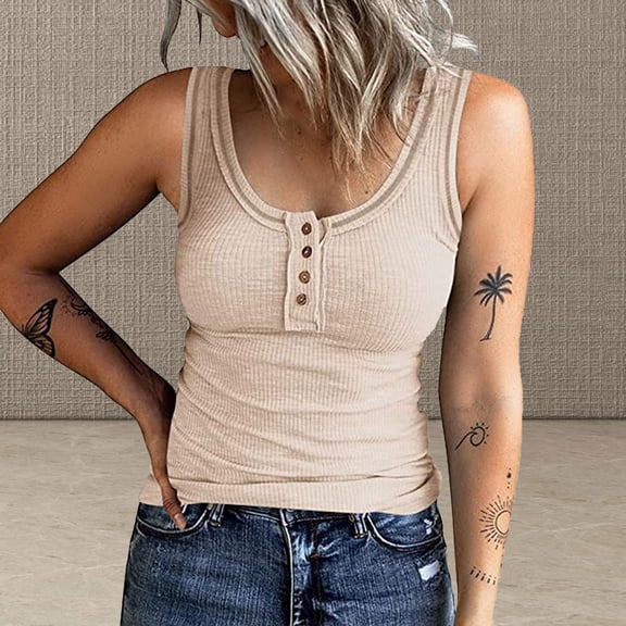 BLOCLOALO Camisole Tops Corset Tops Button Women Sleeveless Top Casual Round Knit Shirt Vest Neck Solid Splice Women's Tanks & Tube Tops for Women Square Neck Tops Crop Tops for Women Beige L