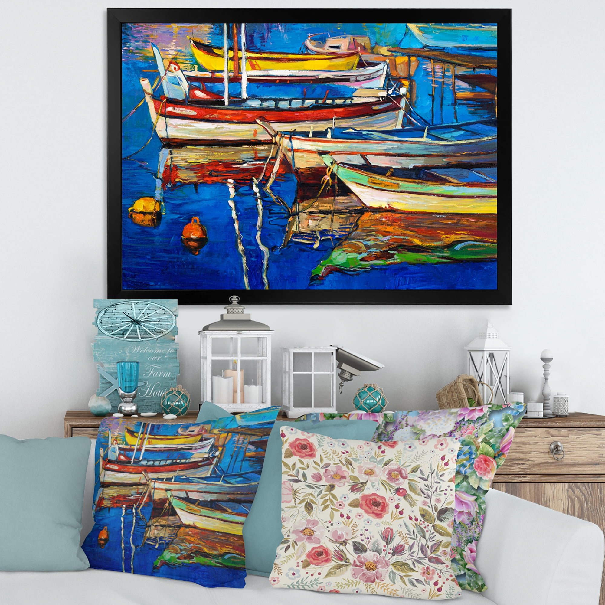 Designart 'Boats Near Coastal Town Resting On The Water II' Nautical & Coastal Framed Art Print