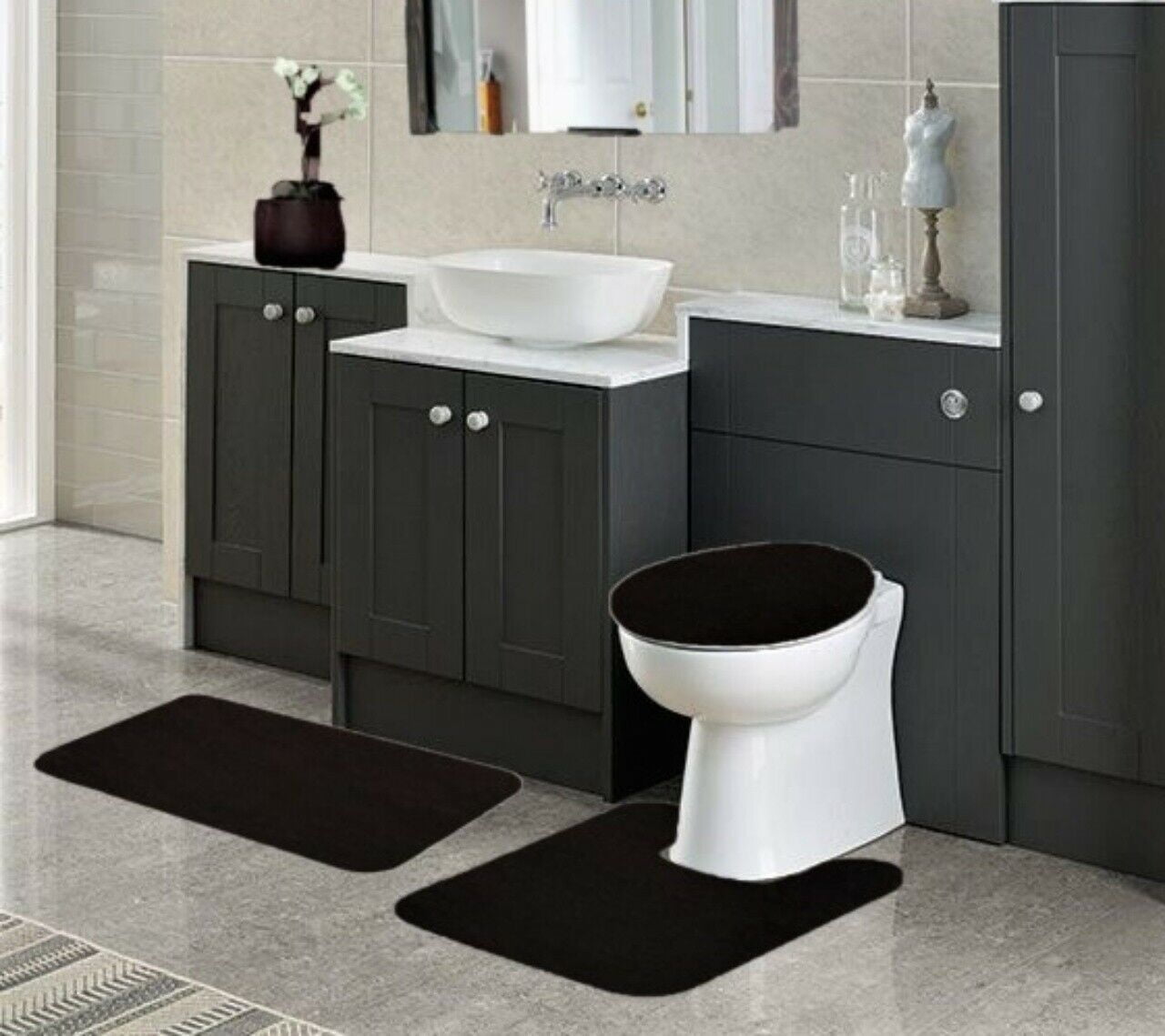 High Pile 3 Piece Bathroom Set Bath Mat Contour Rug & Lid Cover Black Gray 