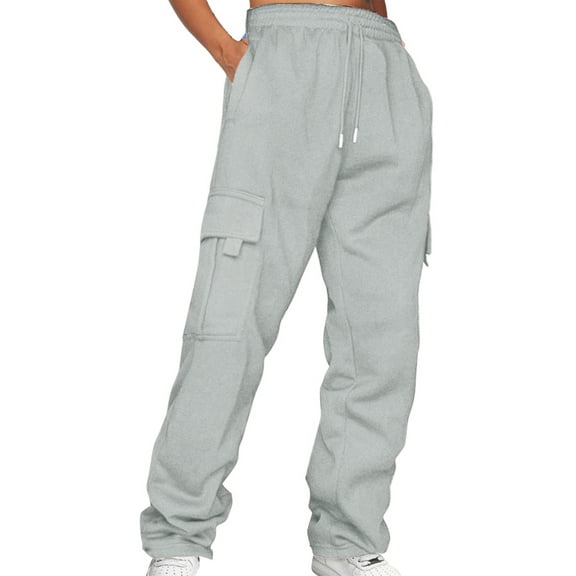 Men Fleece Cargo Pants Solid Color Loose Elastic Jogger Sweatpants with Pockets Casual Heavyweight Warm Trousers for Streetwear