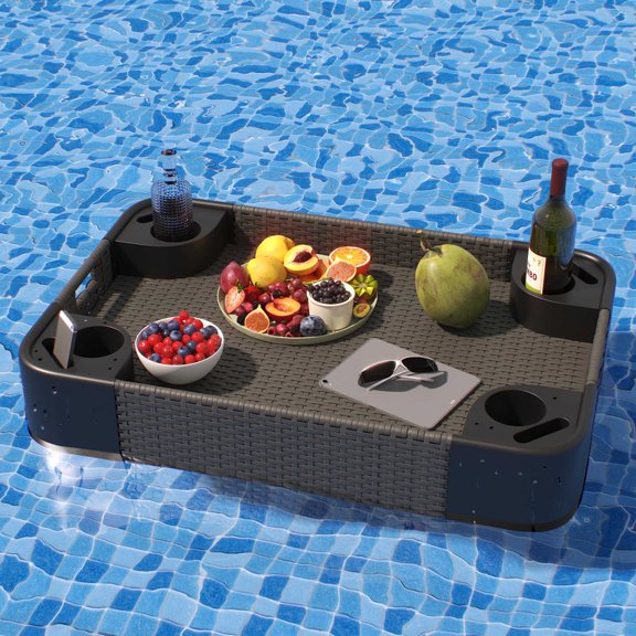GAZEBETER Wicker Floating Pool Tray,35.4 x 23.6 in Aluminum Frame Rectangle Swimming Pool Serving Tray for Food, Drinks and Essentials, Gray