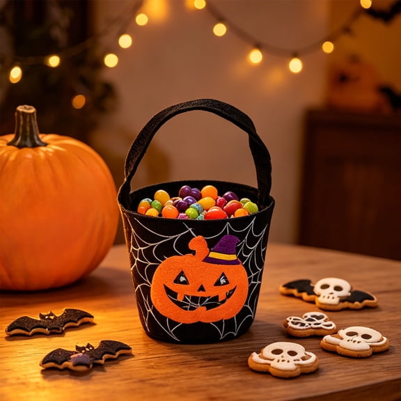 AUNVITO Halloween Trick or Treat Candy Goodie Bag Tote, Spooky Festival Party Favor Pouch for Spooky House Decoration, 1pc