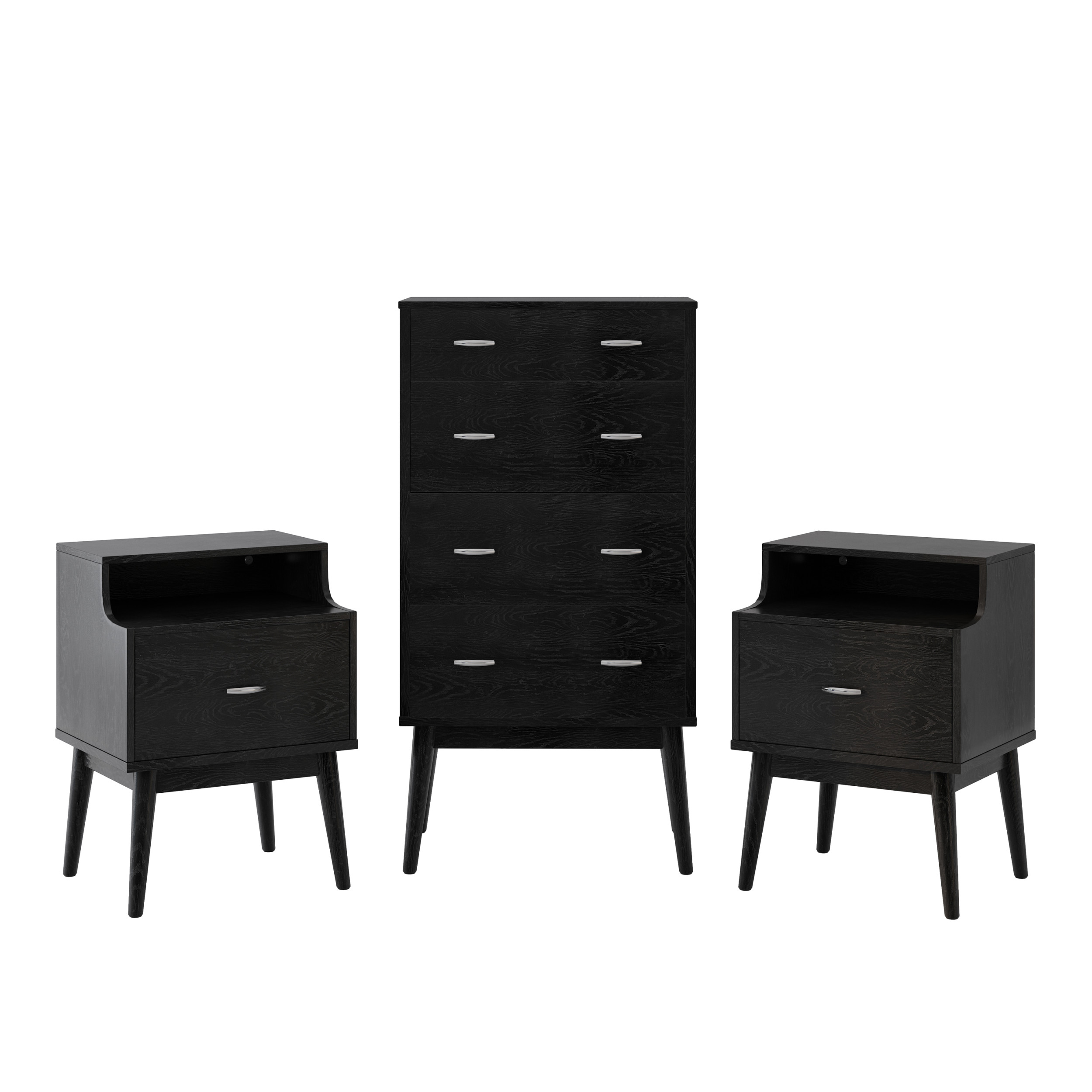 Noble House Starla Wooden 3 Piece 4 Drawer Dresser and Nightstand Bedroom Set, Black
