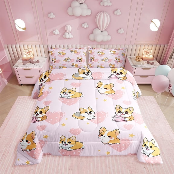 Erosebridal Cute Corgi Dog Comforter Set Twin,Cartoon Puppy Dog Bedding Set,Pet Dogs Reversible Duvet Insert,Love Heart Quilt with 1 Pillowcase for Bedroom