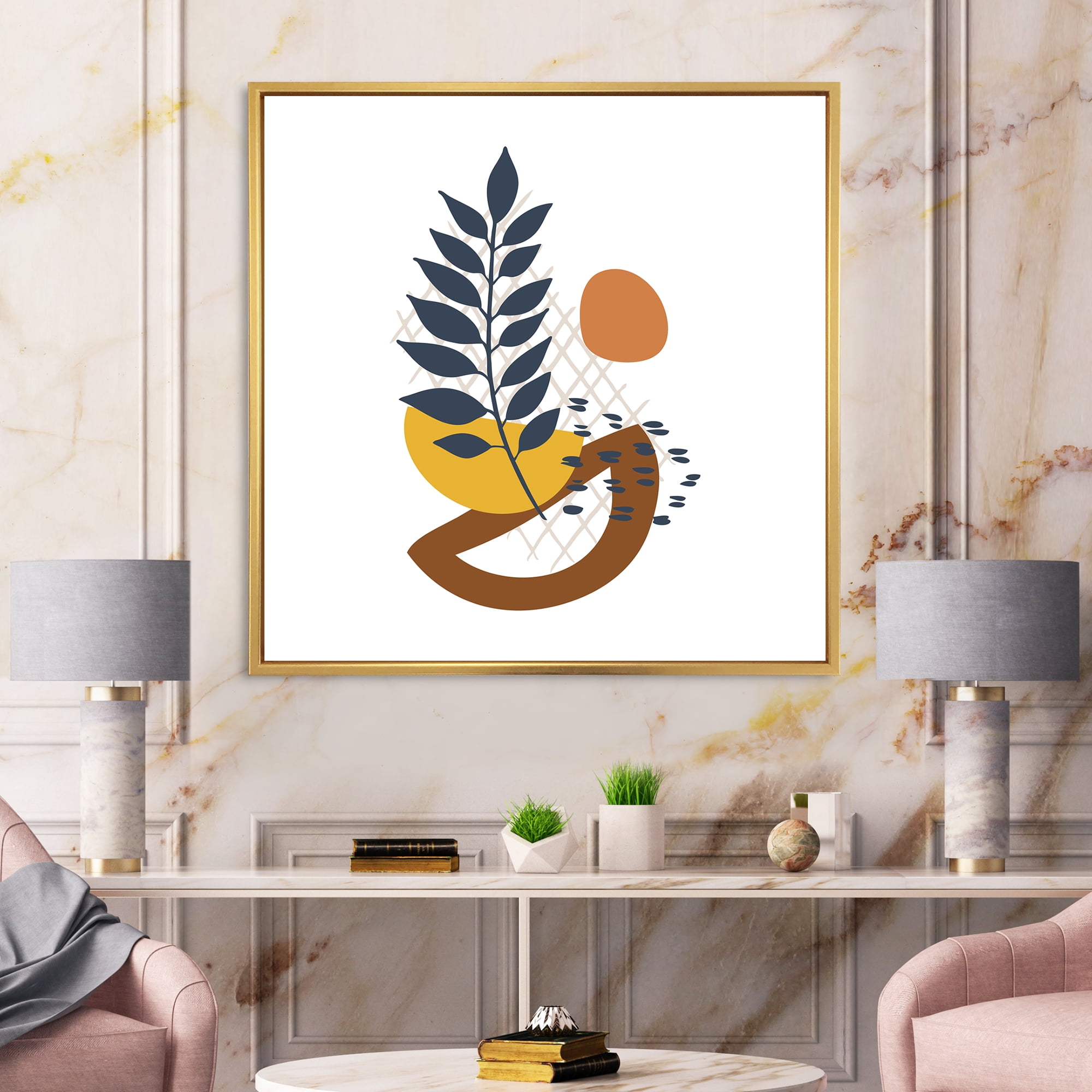 Designart 'Abstract Leaves With Elementary Shapes' Modern Framed Canvas Wall Art Print