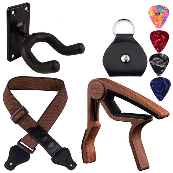 RYLZX 3-in-1 Zinc Guitar Capo with Pick Holder & 4 Picks - Auto-Lock Strap & 8-Pack Wall Hangers for Acoustic/Electric Guitars, Ukulele, Bass