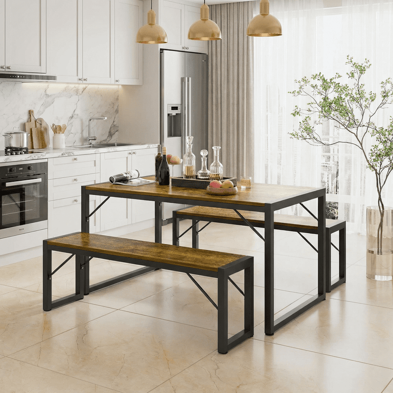 Aiho 3-Piece Dining Table Set - Industrial Kitchen Table & Chairs with Stain-Resistant Oak Top, Space Saving Design for Small Homes, Retro