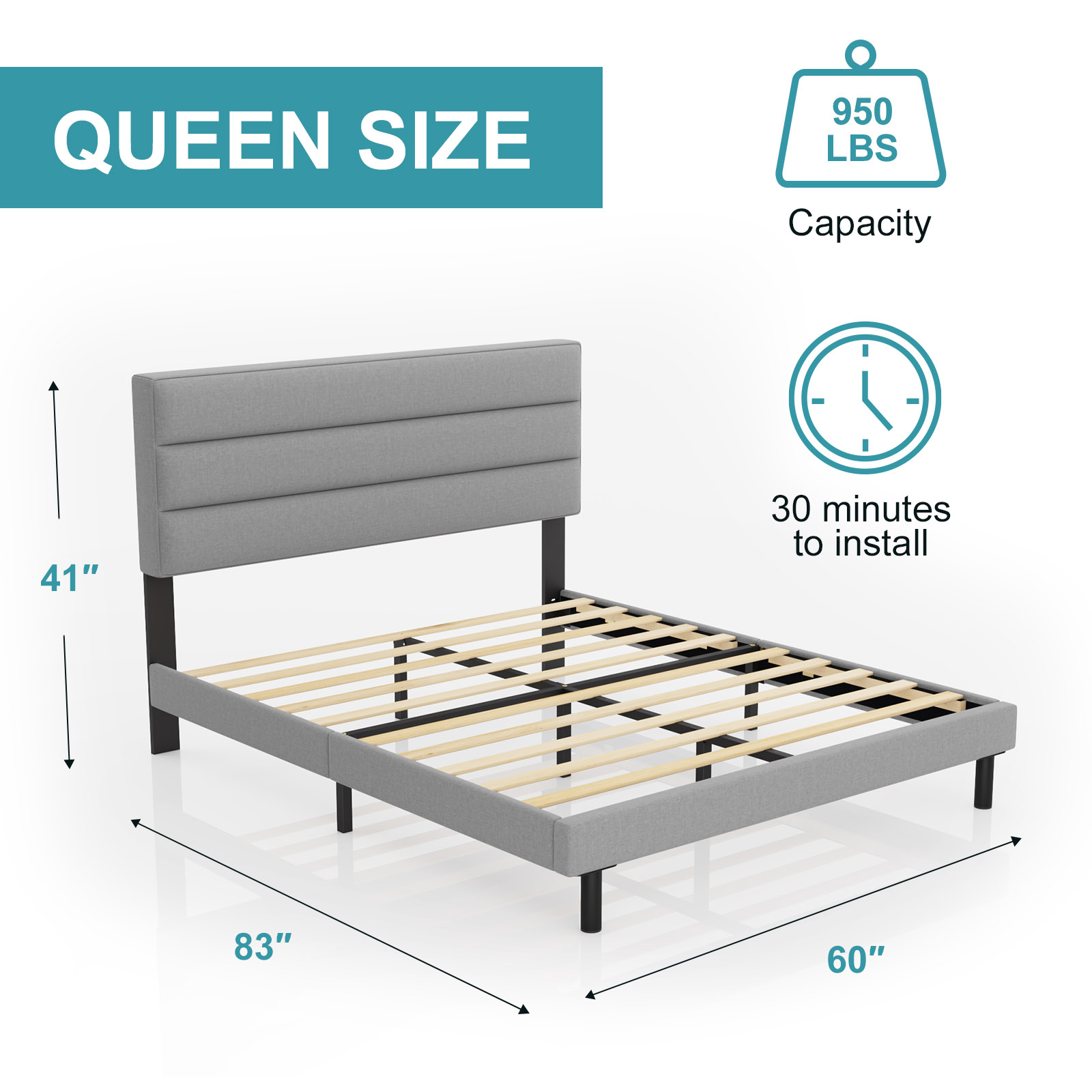 Queen Bed Frame, HAIIDE Queen Size Platform Bed with Wingback Fabric Upholstered Headboard, Light Gray - image 5 of 8