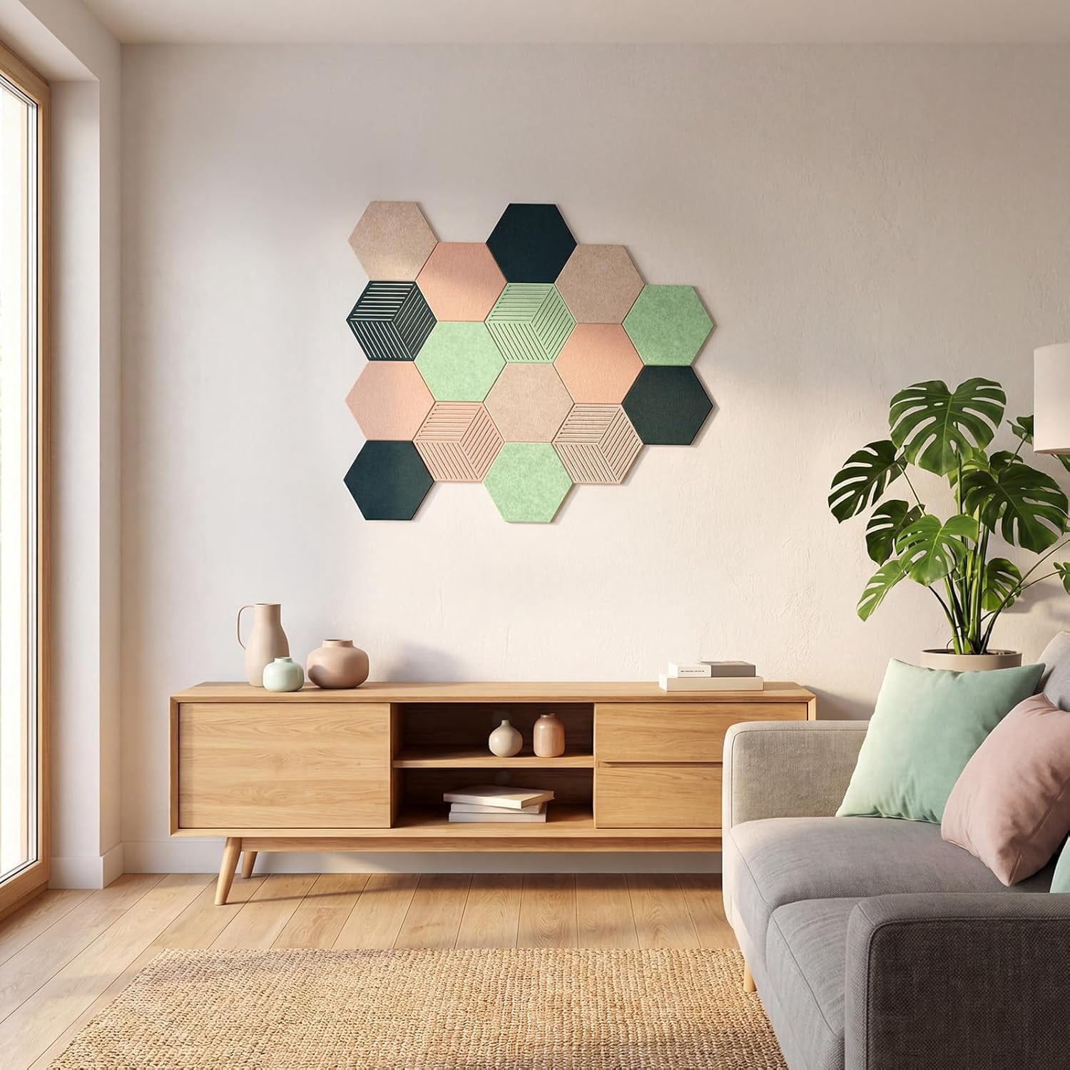 FOCHIER F 16PCS Hexagon Cork Boards for Walls Decor,7X 6 inch Felt Bulletin Board Tiles Sets for Home Office Class Kitchen with 50 Push Pins,Self Adhesive DIY Pin Board for Photos Memos (Green-16PCS)