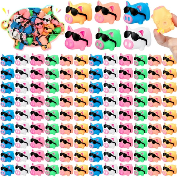 Syhood 150 Packs Mini Rubber Pigs with Sunglasses Sets Pig Bath Toy Bulk Squeaky Piggy Bathtub Toys for Shower Birthday Party Favors Class Carnival Prizes Piñata Fillers Car Decor