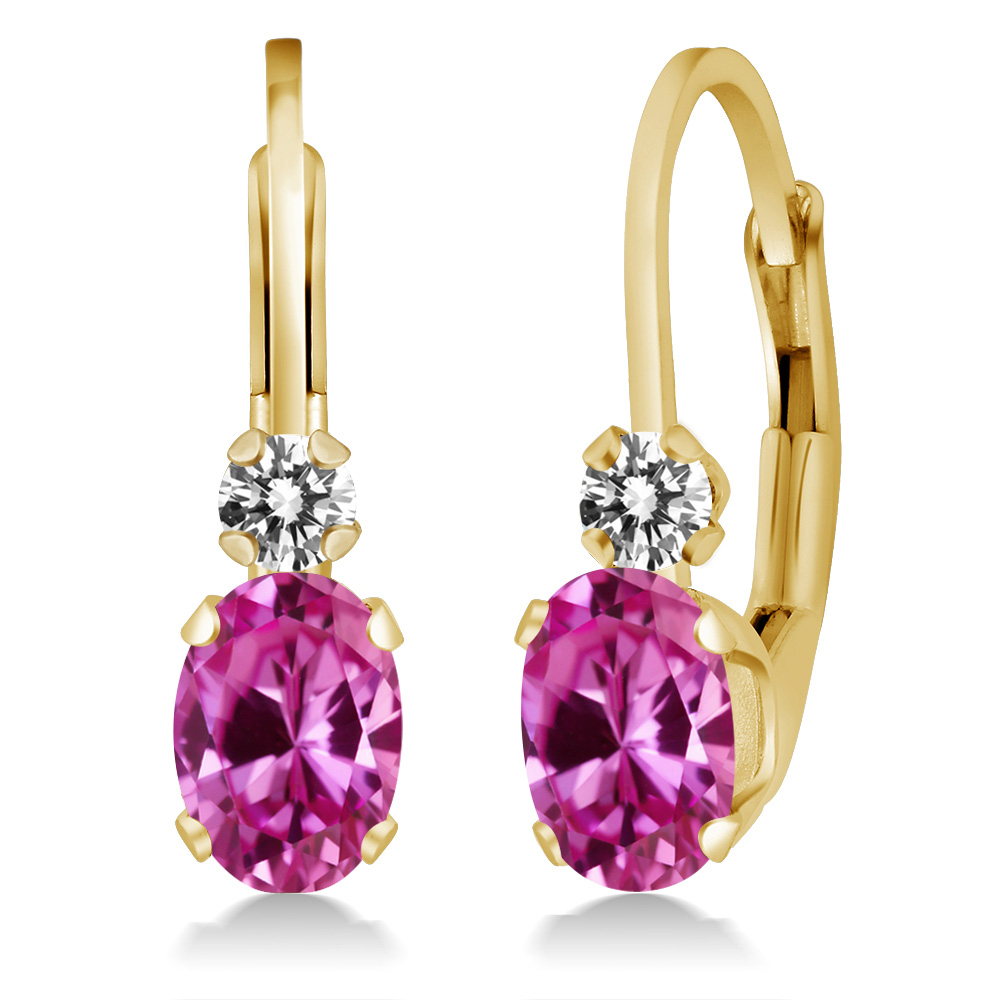 1.27 Ct Oval Pink Created Sapphire White Diamond 14K Yellow Gold Earrings by