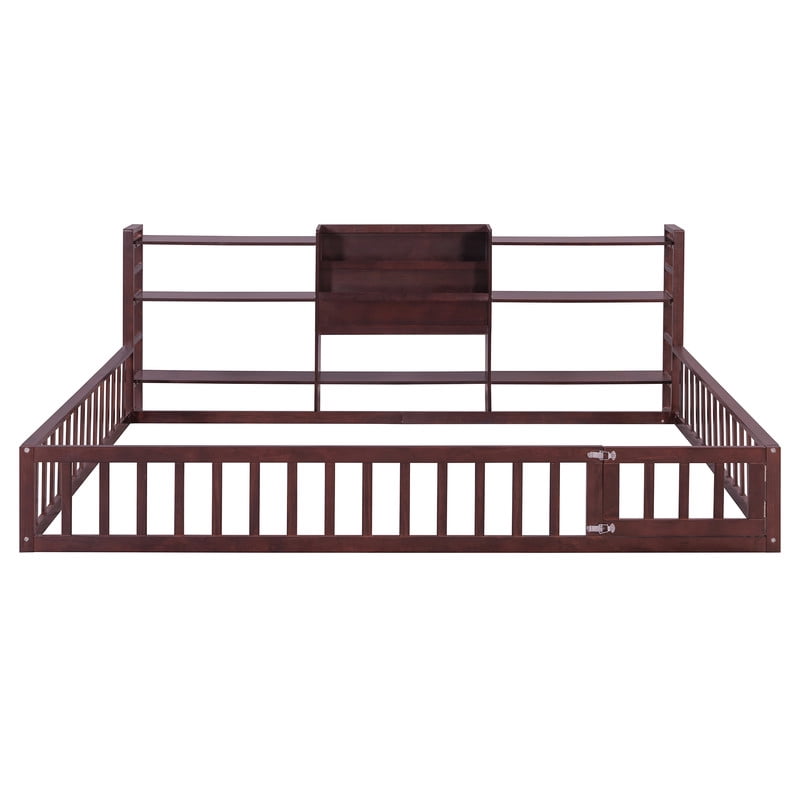 Queen Size Floor Bed Montessori Bed with Integrated Bookcase and 3-Tier Storage Shelves, Wooden Low Profile Toddler Bed Platform Bed with Safety Guardrails for Boys Girls
