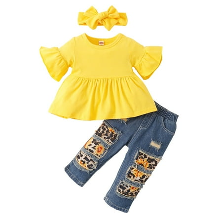 

Toddler Baby Girls Clothes Infant Baby Girls Outfits Flare Sleeve Ruffle Top Jeans Pants Headband 3PCS Set Yellow 18-24 Months