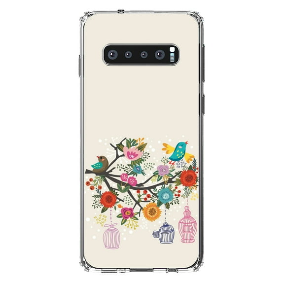 DistinctInk Clear Shockproof Hybrid Case for Samsung Galaxy S10 (6.1" Screen) - TPU Bumper, Acrylic Back, Tempered Glass Screen Protector - Spring Collection - Floral Birds Teal Red
