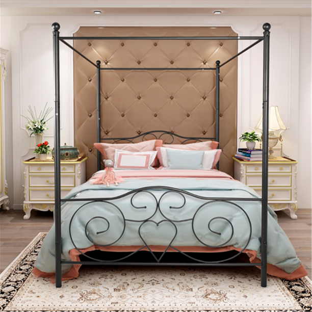 Metal Canopy Bed Frame With Vintage Style Headboard Footboard Easy Diy Assembly All Parts Included Queen White Walmart Com Walmart Com