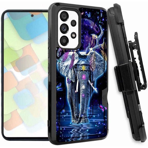 ANJ  Rugged Dual Layered Holster Case w/Kickstand, Card Slot Case   Tempered Glass Cover for Samsung Galaxy A53 5G - Elephant Fantasy