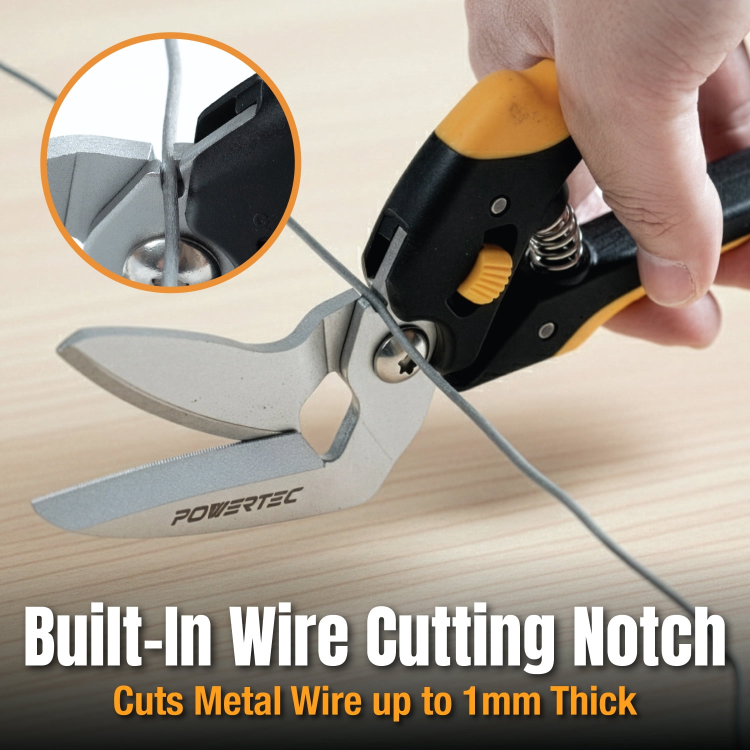 POWERTEC 8-1/2" Heavy Duty Scissors – Curved Serrated Blade Multipurpose Cutter with Wire Cutting Notch (1mm), Serrated Shear Blade for Carpet, Cardboard, Leather, Upholstery, Gardening & DIY (72395N