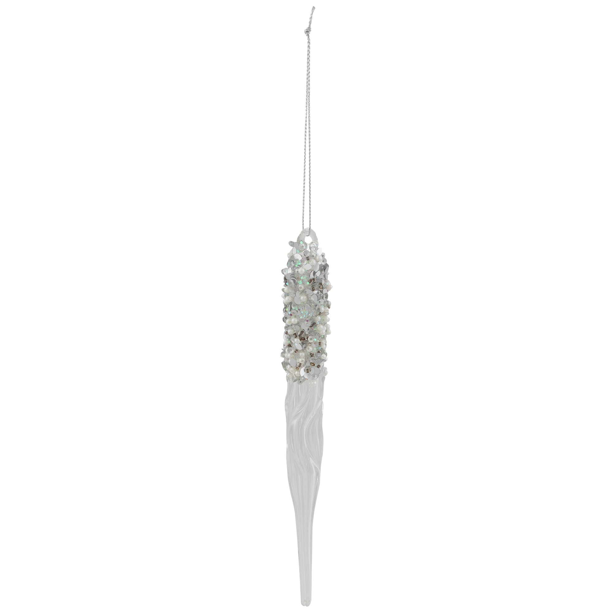 9" Translucent Glass Icicle With Glitter And Beads Christmas Ornament