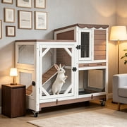 2-Story Rabbit Hutch Bunny Cage with Leak-Proof Trays & Chew-Proof Ramp - Indoor/Outdoor 39.3" Wooden Rabbit Cage with Wheels (Brown)