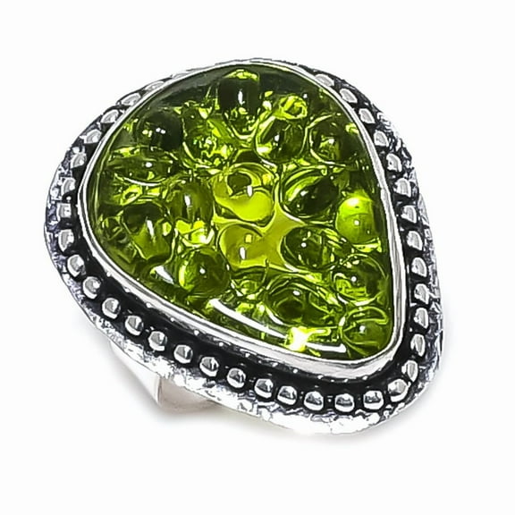 Natural Moldavite Quartz Gemstone 925 Sterling Silver Jewelry Ring Size 8.5