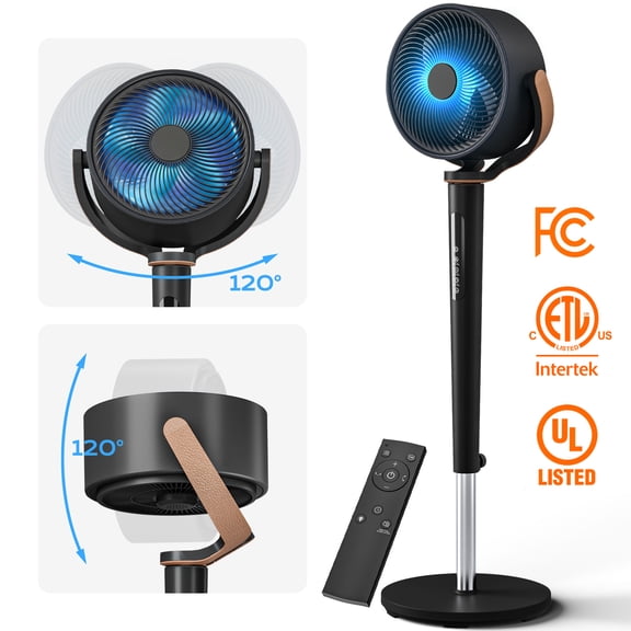 Patiosunny Oscillating Air Circulator Fan with Remote, 120° Automatic 4-Way Oscillation, DC Motor & 16 Speeds & 4 Modes, Night Light, Adjustable Height for Bedroom