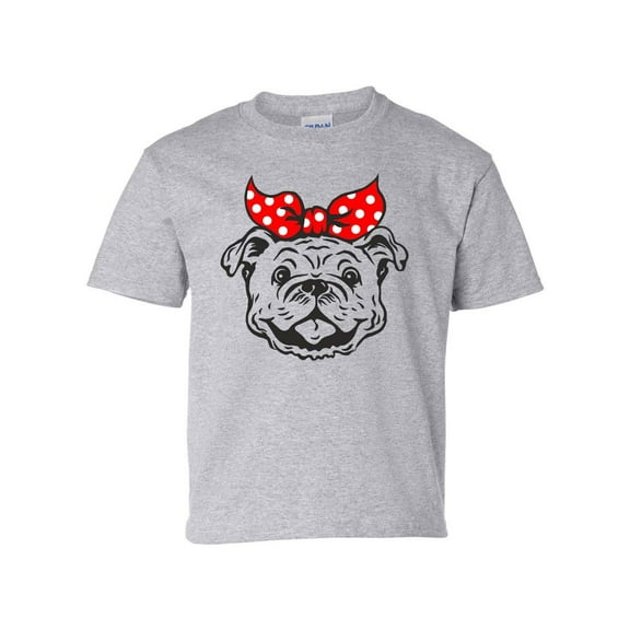 Youth Girls Georgia Football Georgia Happy Bulldog with Bow Short Sleeve T-shirt Graphic Tee-Sports Grey-xl
