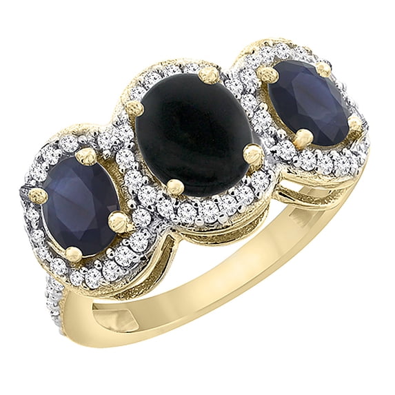 14K Yellow Gold Natural Black Onyx & HQ Blue Sapphire 3-Stone Ring Oval Diamond Accent, size 8