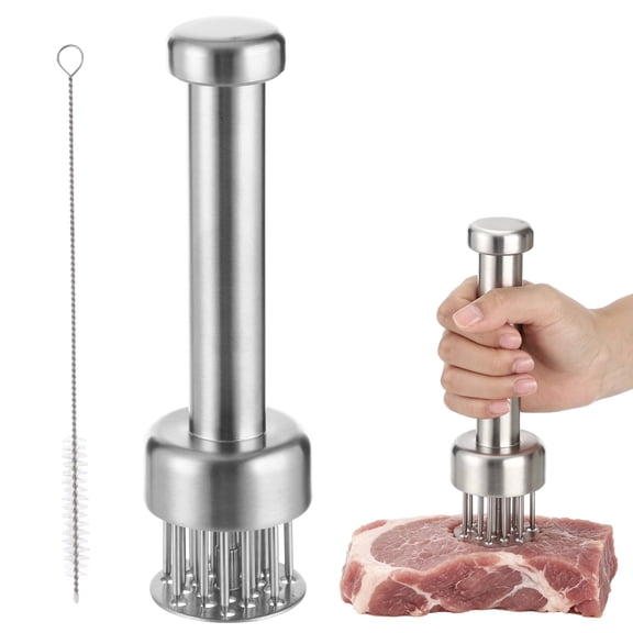 Stainless Steel Meat Tenderizer Tool, 21 Sharp Needles Auto Rebound Meat Piercing Tool for Steak Beef Chicken Pork, Tenderizer for BBQ Cooking Marinating Prep with Cleaning Brush