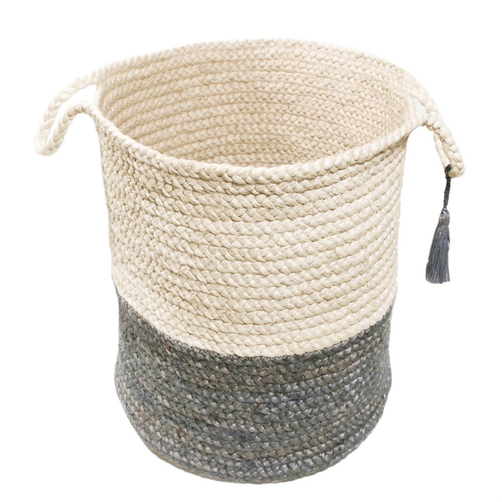 LR Home Woven Round Jute 19" Storage Basket with Handles, Gray/White Stripe