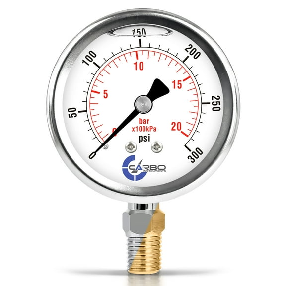 CARBO Instruments 2 1-2" Pressure Gauge, Stainless Steel Case, Chrome Plated Brass Connection, Lqiuid Filled, 0-300 psi/kPa, Lower Mount 1/4" NPT