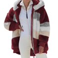 thumbnail image 2 of Women's Fashion Splicing Winter Loose Plush Long Sleeve Zipper Pocket Hooded Coat for Cold Weather and Casual Outings,Wine,2XL, 2 of 8