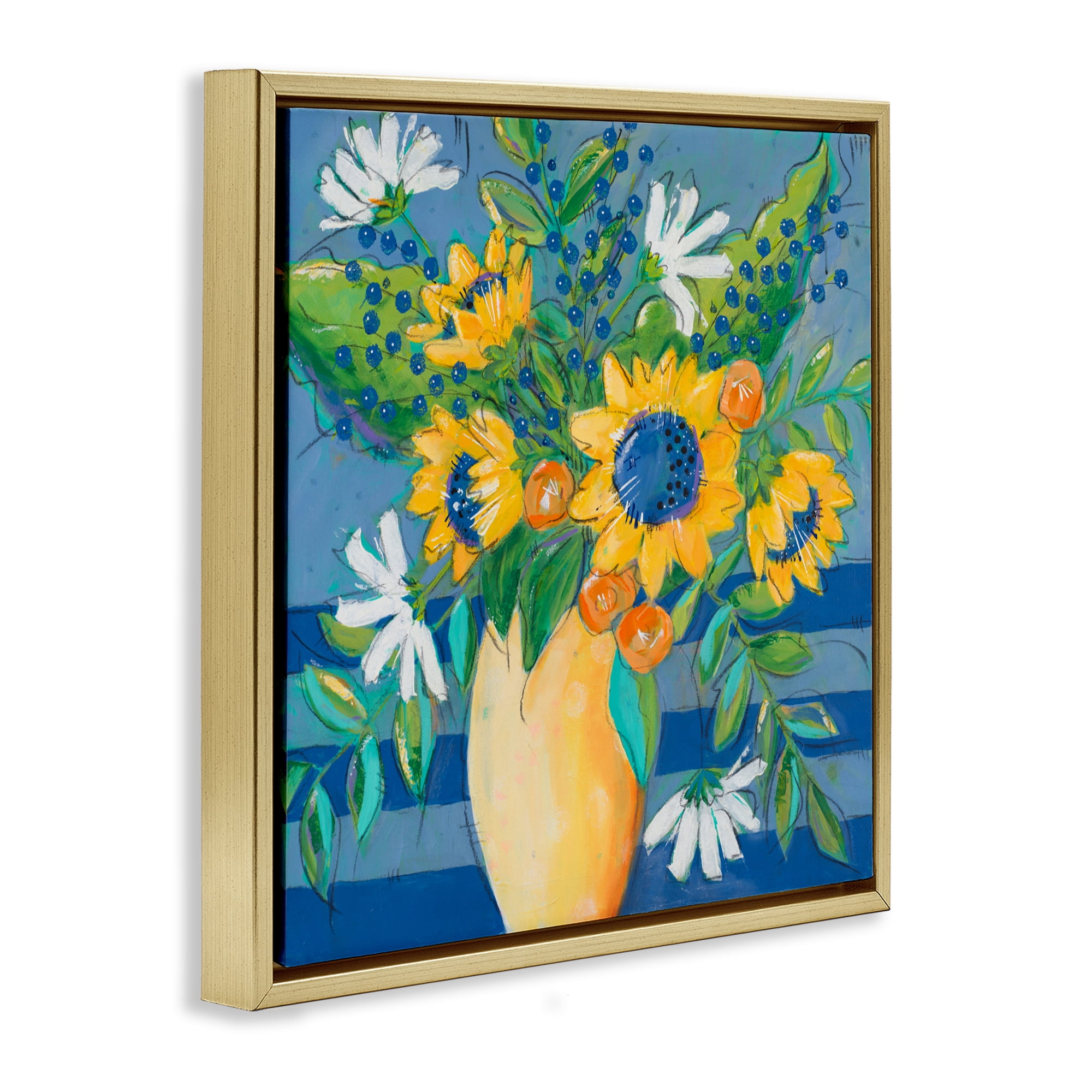 Stupell Industries Floral Bursts Among The Blue Gold Framed Floater Canvas Wall Art, design by Krinlox