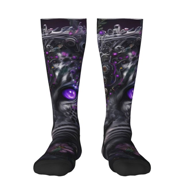 Fotbe Purple-Eyed Floral Leopard Calcetas Divertidas Estampadas para Hombre y Mujer, Calcetas de Algodón hasta la Rodilla para Caminar, Correr, Enfermería y Embarazo