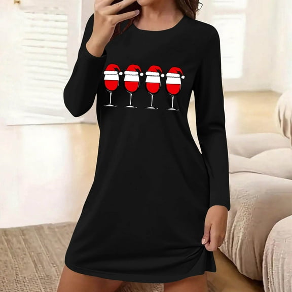 FDGIU Women's Christmas Nightgown Long Sleeve - Cute Graphic Print Loose Crewneck T-Shirt Dress, Holiday Sleepwear & House Coat