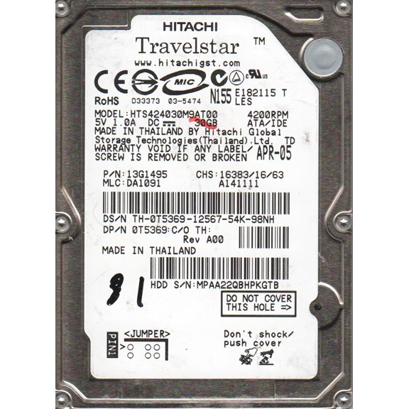 HTS424030M9AT00, PN 13G1495, MLC DA1091, Hitachi 30GB IDE 2.5 Hard Drive