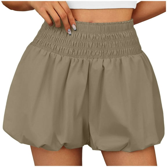 Taqqpue Flowy Shorts for Women Linen Shorts Boho Ruffle Elastic High Waisted Shorts Casual Solid Color Summer Beach Shorts