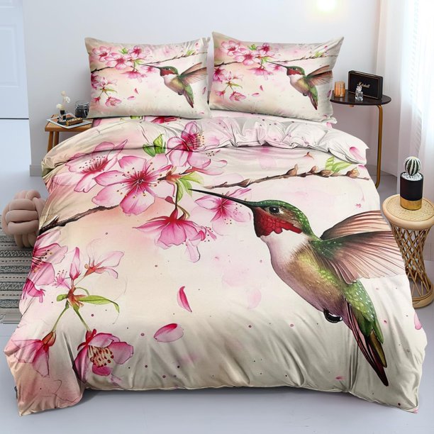 Funda Nórdica Queen Size Rosa Flor Pájaro Ropa de Cama Set Romántico Primavera