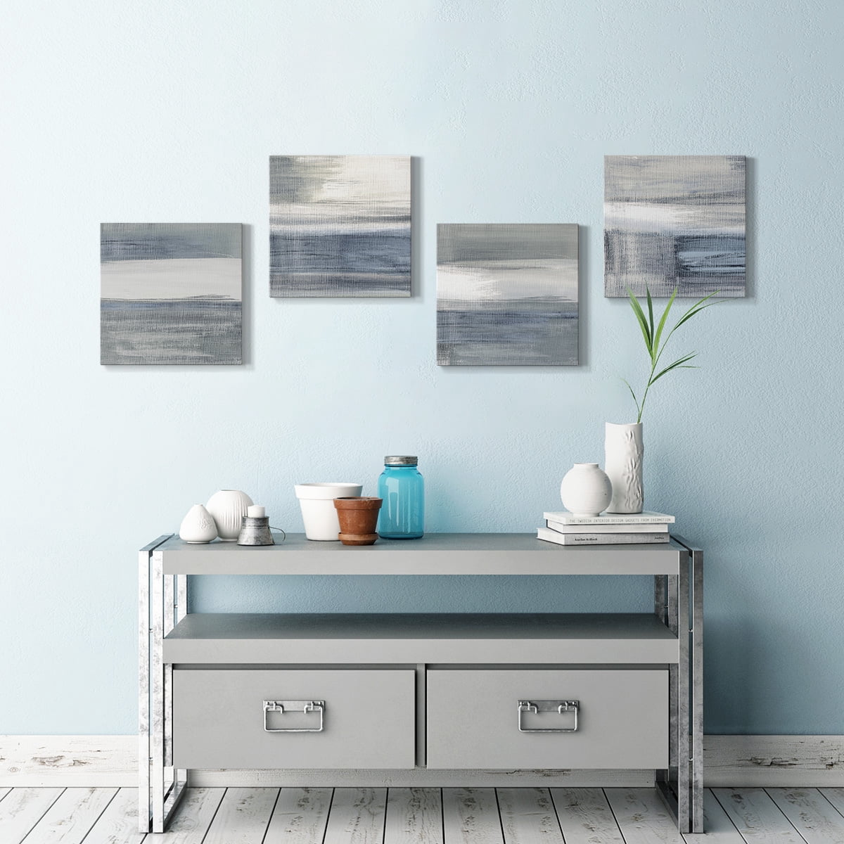 Wexford Home Modern Home Wall Décor Abstract Black and White Grey Canvas Wall Art 16 x 16 inches Set of 4 Framed Artwork for Living Room Bedroom