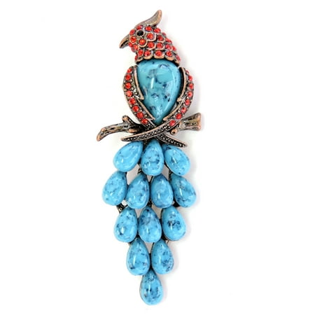 Parrot Pin Brooch - Crystal Turquoise Beads Parrot Macaw Tropical Bird Pin Brooch