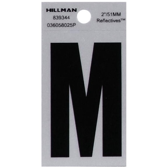 Hillman Group 839344 2 in. Black & Silver Reflective Mylar Square Cut Self Adhesive Letter - M - 6 Piece