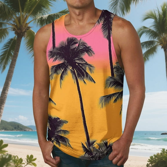 HaoXianJian Mens Sleeveless Tank Tops Workout Gym Shirts Hawaiian Print Palm Tree Vintage Style Beach Graphic T-Shirt Workout Tank Top Undershirts Plus Size S-4X