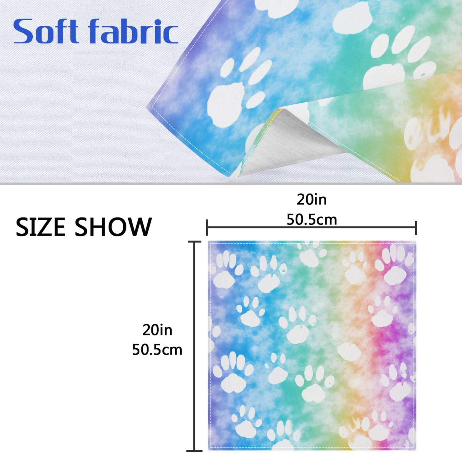 JSTEL Dog Paw Prints Rainbow Tie Dye Cloth Napkins Set of 6, 20x20 Inch Washable and Reusable Napkin for Decoupage Dinner Party Everyday Use