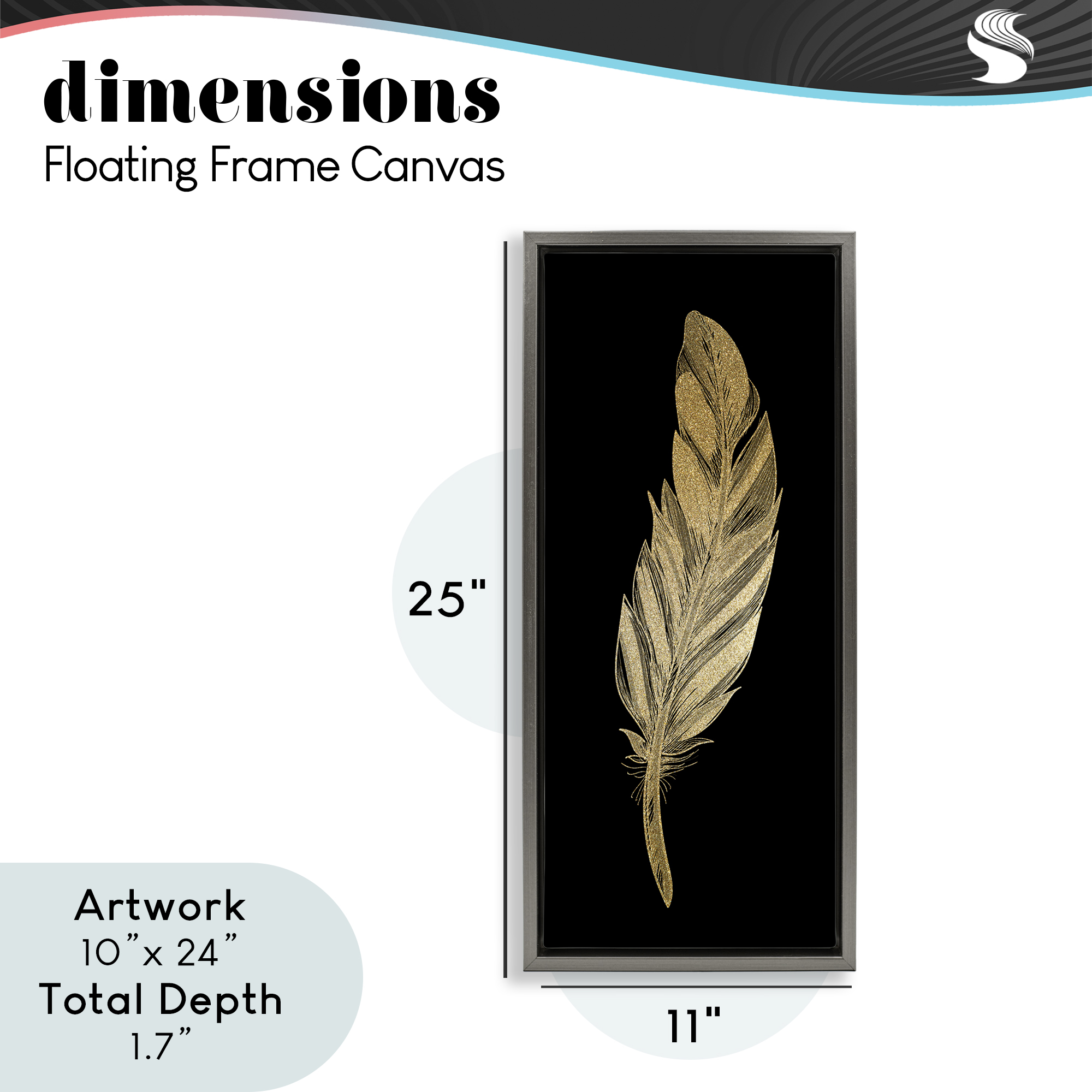 Glam Feather Black & Gold Gray Framed Floater Canvas Wall Art, design by Kim Allen