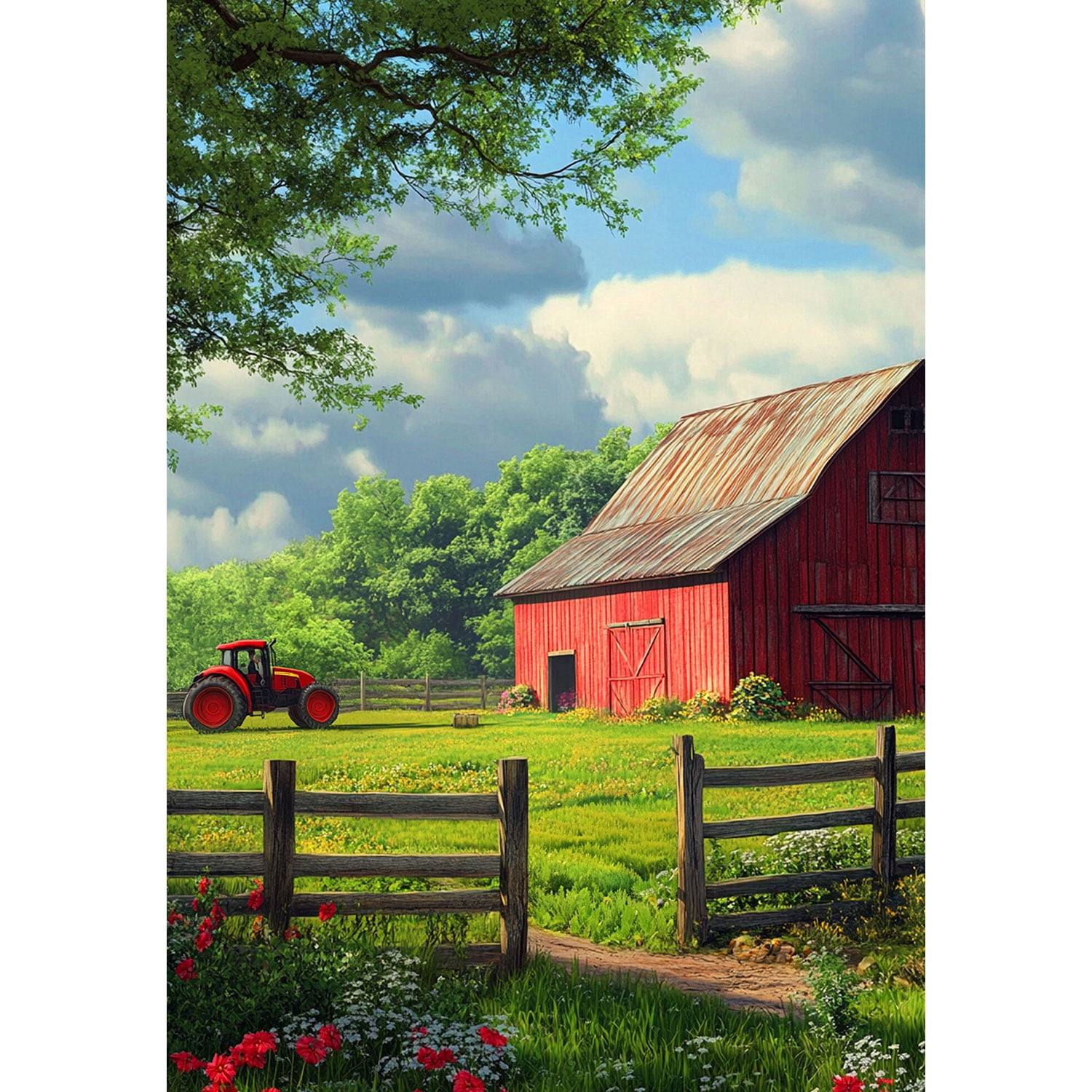 America Forever Farm Country Red Barn House Flag, 28 x 40 inch Double Sided, Rustic Tractor Countryside Scene, Spring Summer Seasonal Outdoor Decor, Country Living Yard Flag